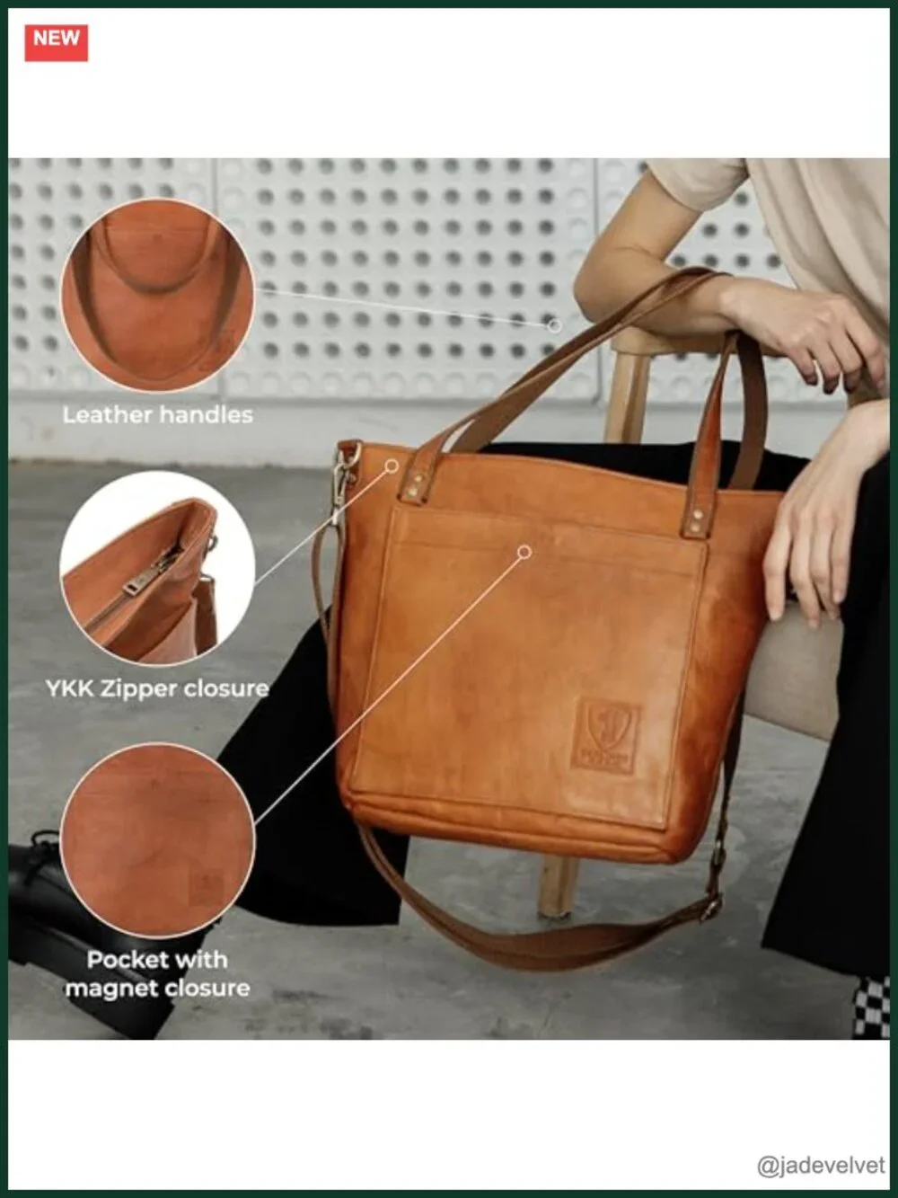 Genuine Leather Large Tote Bag Detachable Crossbody Strap YKK Zippers